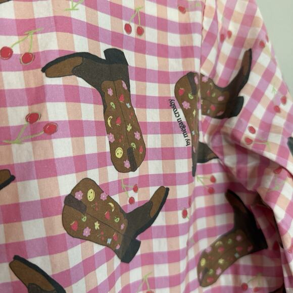 Megan Crosby Babydoll Dress Pink Gingham Cowboy Boots Print Size Large - Picture 6 of 12